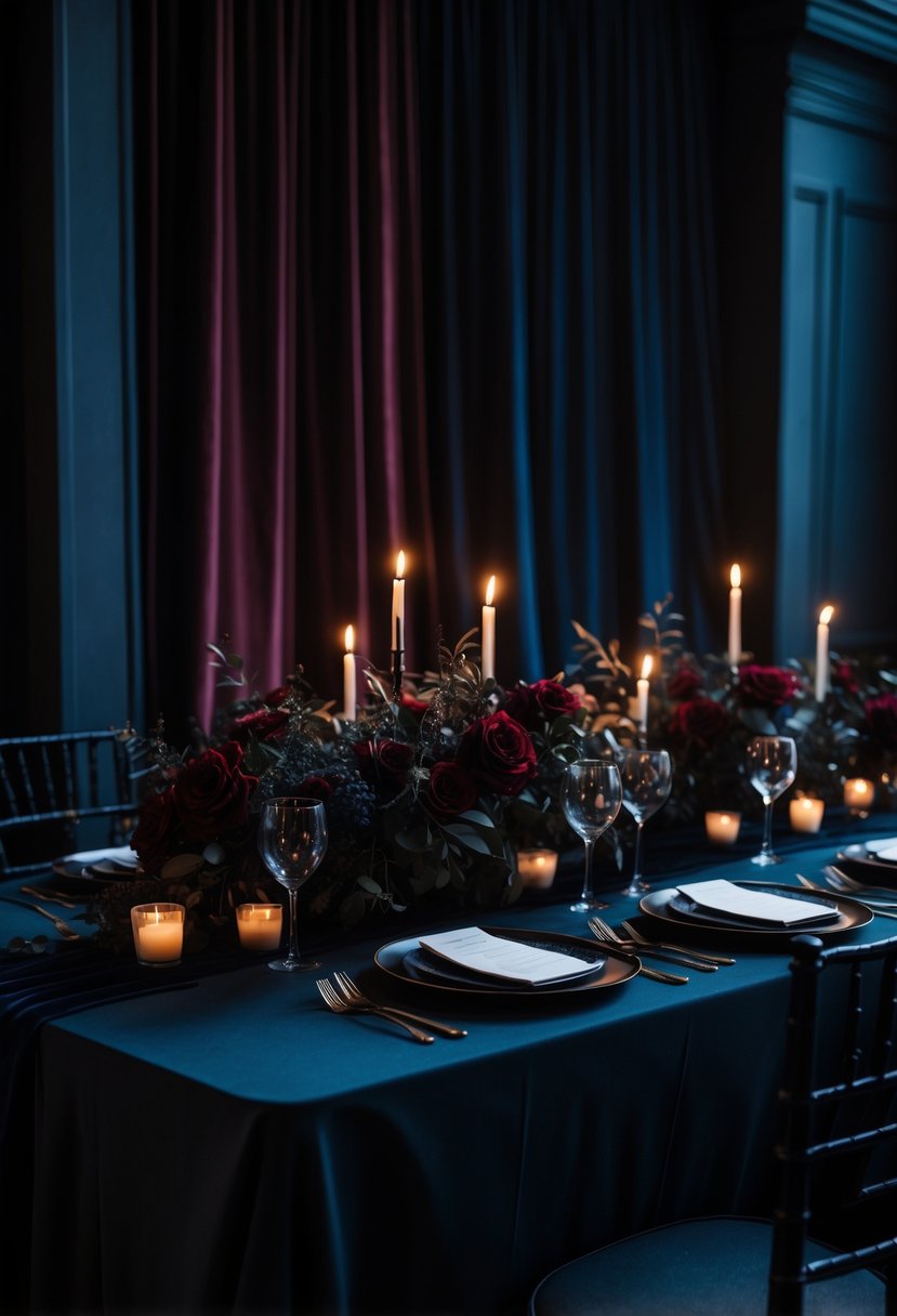A wedding table set with dark floral arrangements and candles in front of deep velvet drapery backdrops.
