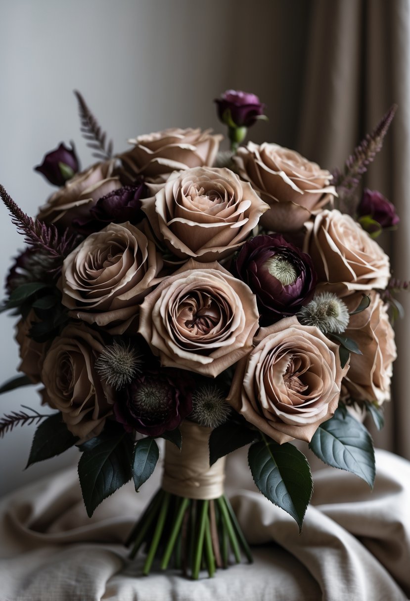 A close-up of a wedding bouquet with cappuccino-colored roses and dark green leaves in soft natural light.
