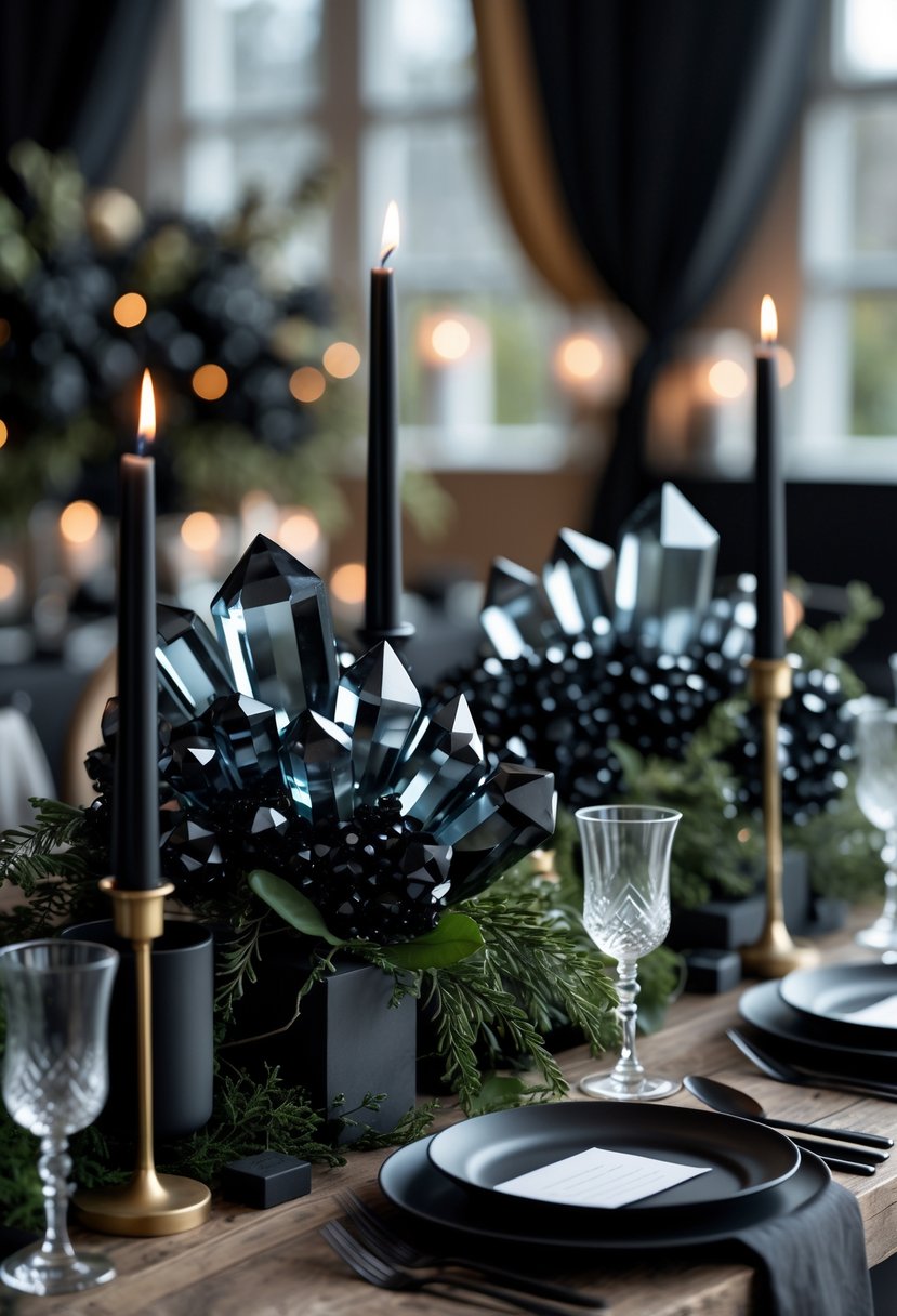 A wedding table decorated with smoky quartz and black crystal accents surrounded by dark greenery and black candles.