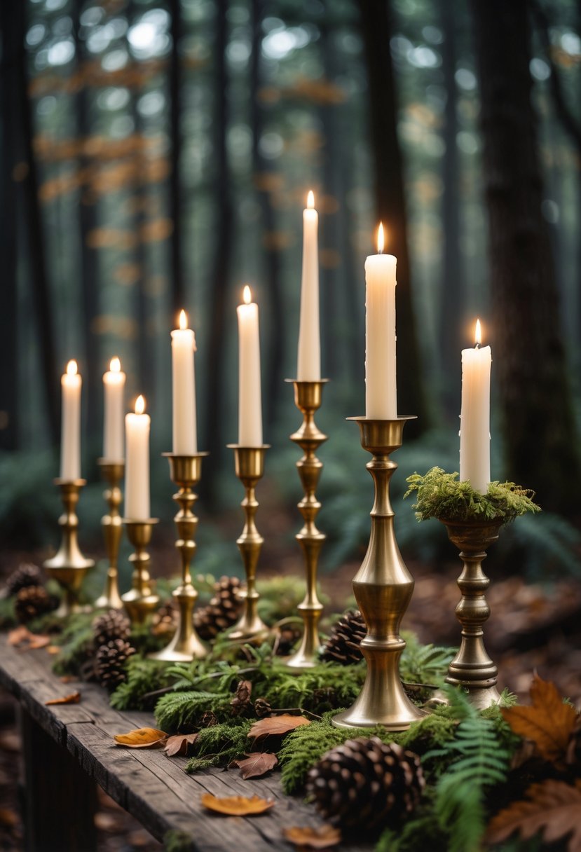 Vintage brass candle holders with lit candles on a wooden table surrounded by forest plants and leaves.