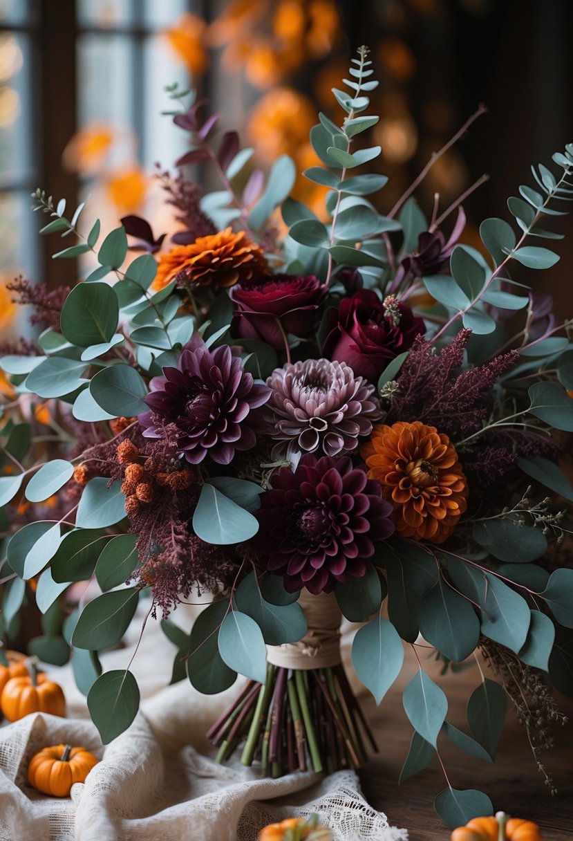 A close-up of a wedding bouquet with eucalyptus leaves and dark autumn flowers in deep green, burgundy, and orange tones.