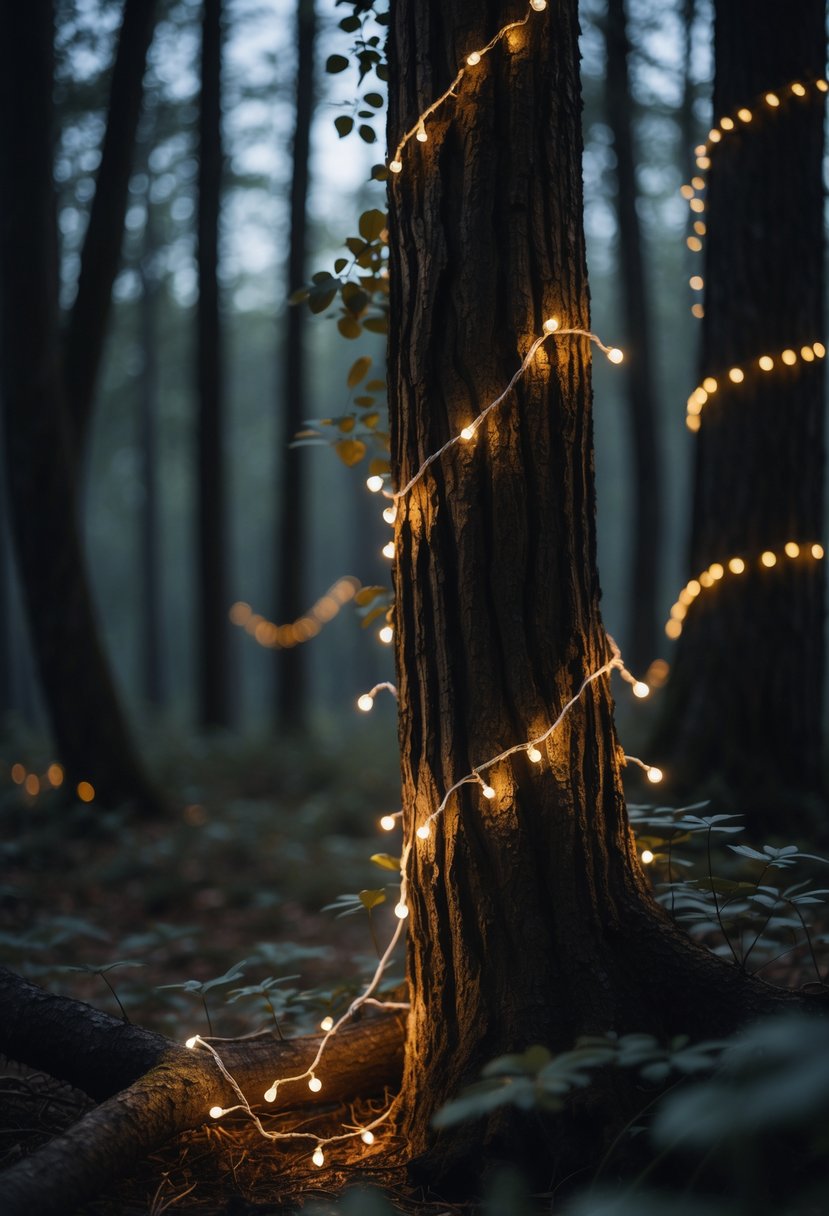 Twinkling fairy lights woven through tree branches in a forest setting.