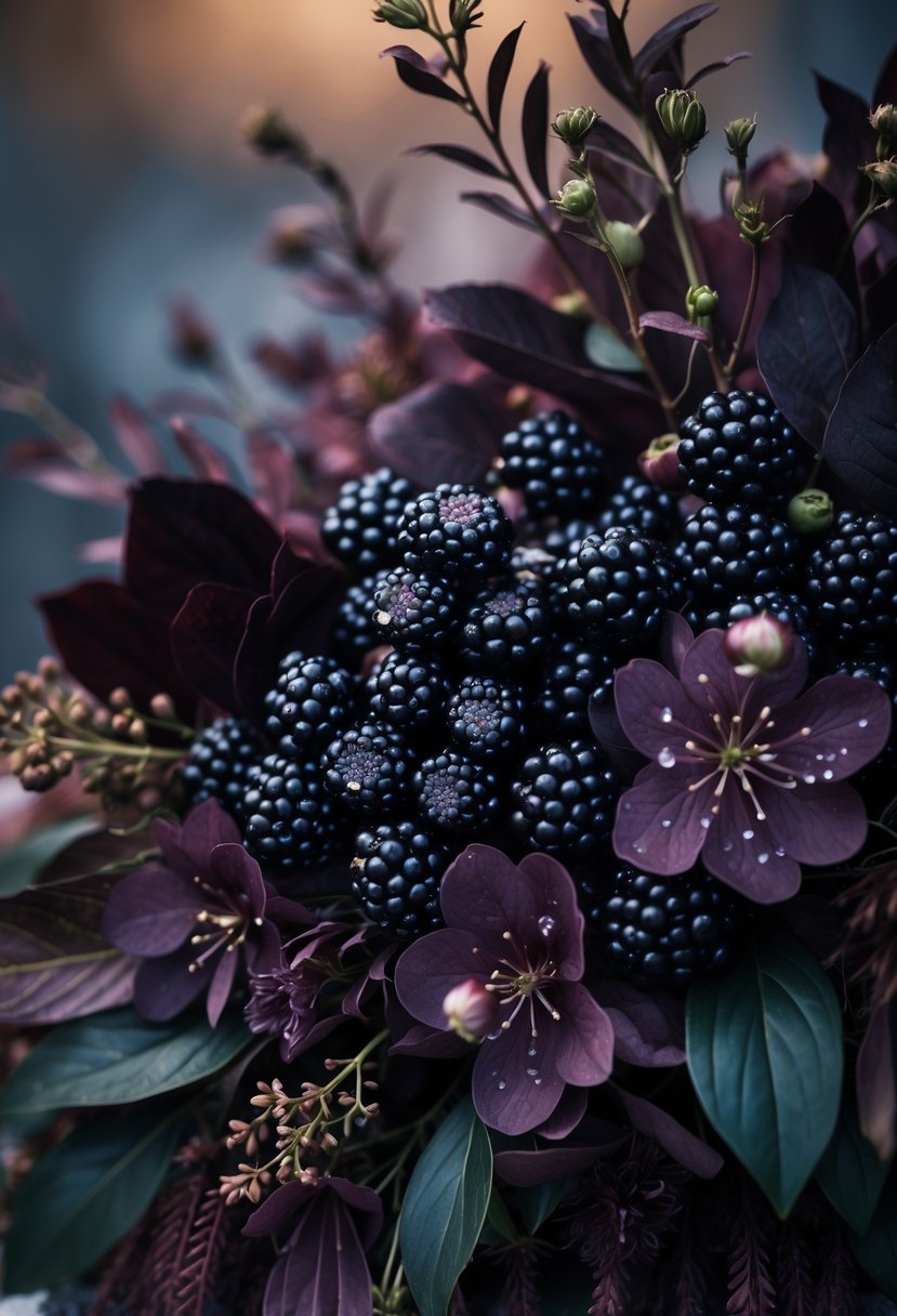 Close-up of a dark, moody wedding floral arrangement with blackberries, deep burgundy flowers, and green leaves.