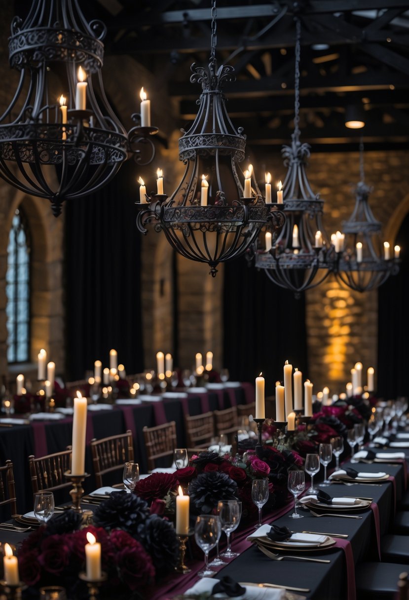 Indoor wedding reception with wrought iron chandeliers hanging above a long decorated table with dark flowers and candles.