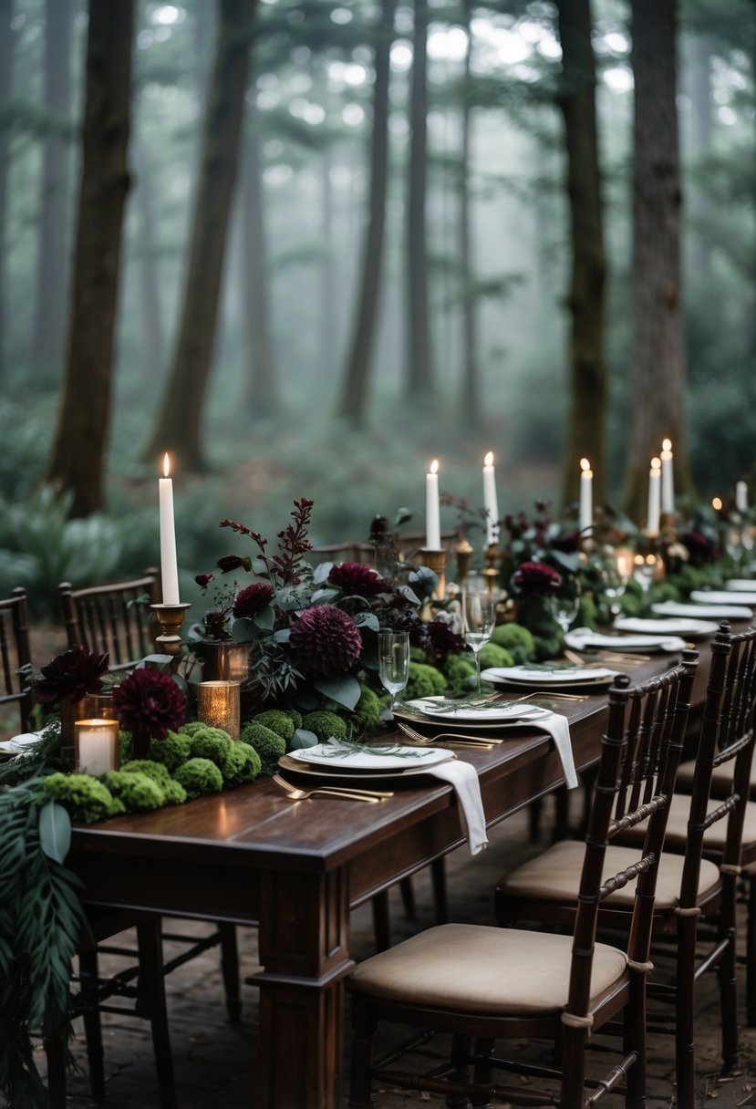 A wedding table set with dark wood furniture surrounded by forest greenery and floral decorations.