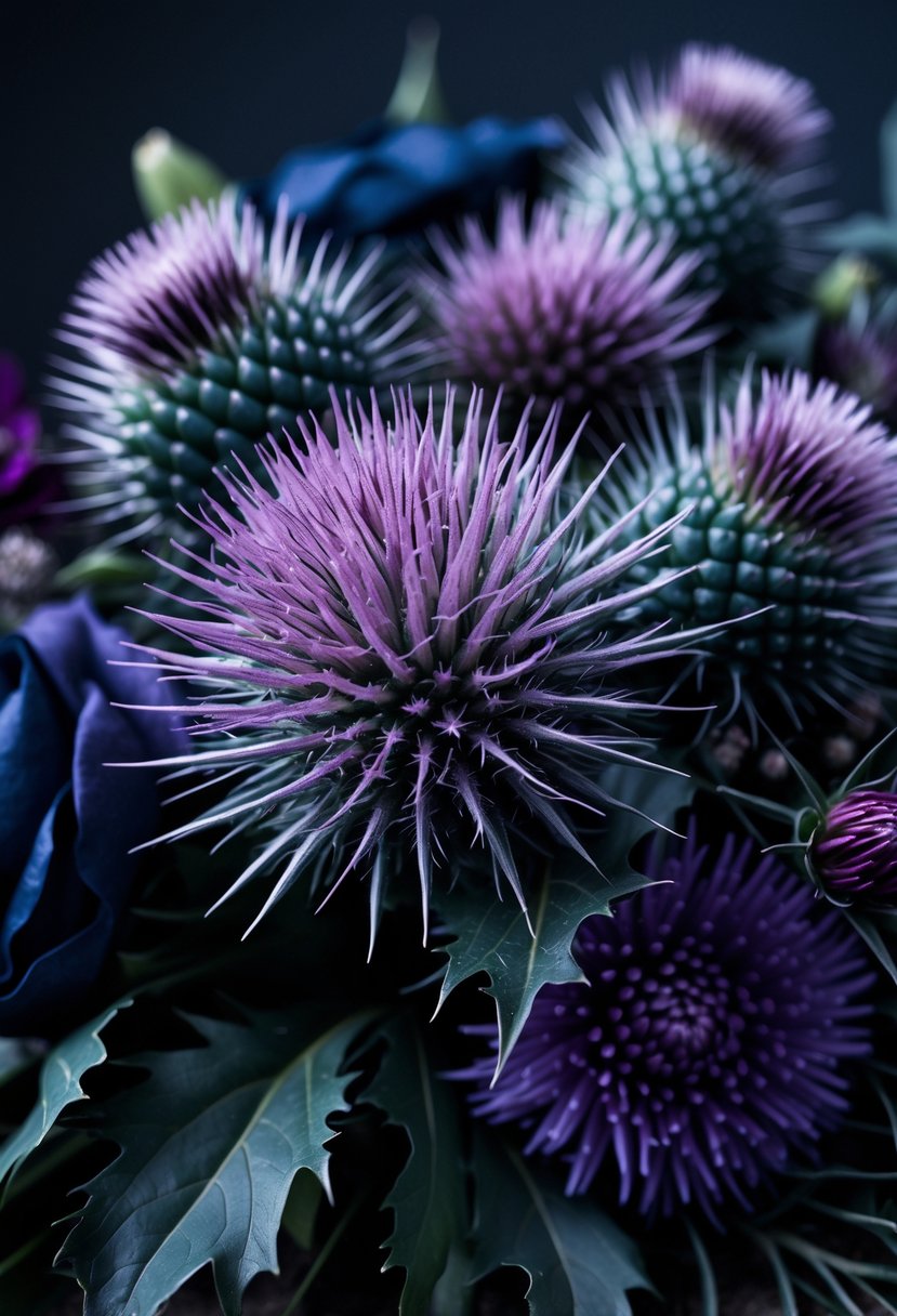 Close-up of spiky thistle flower heads in a dark, moody wedding bouquet with deep purple and green tones.