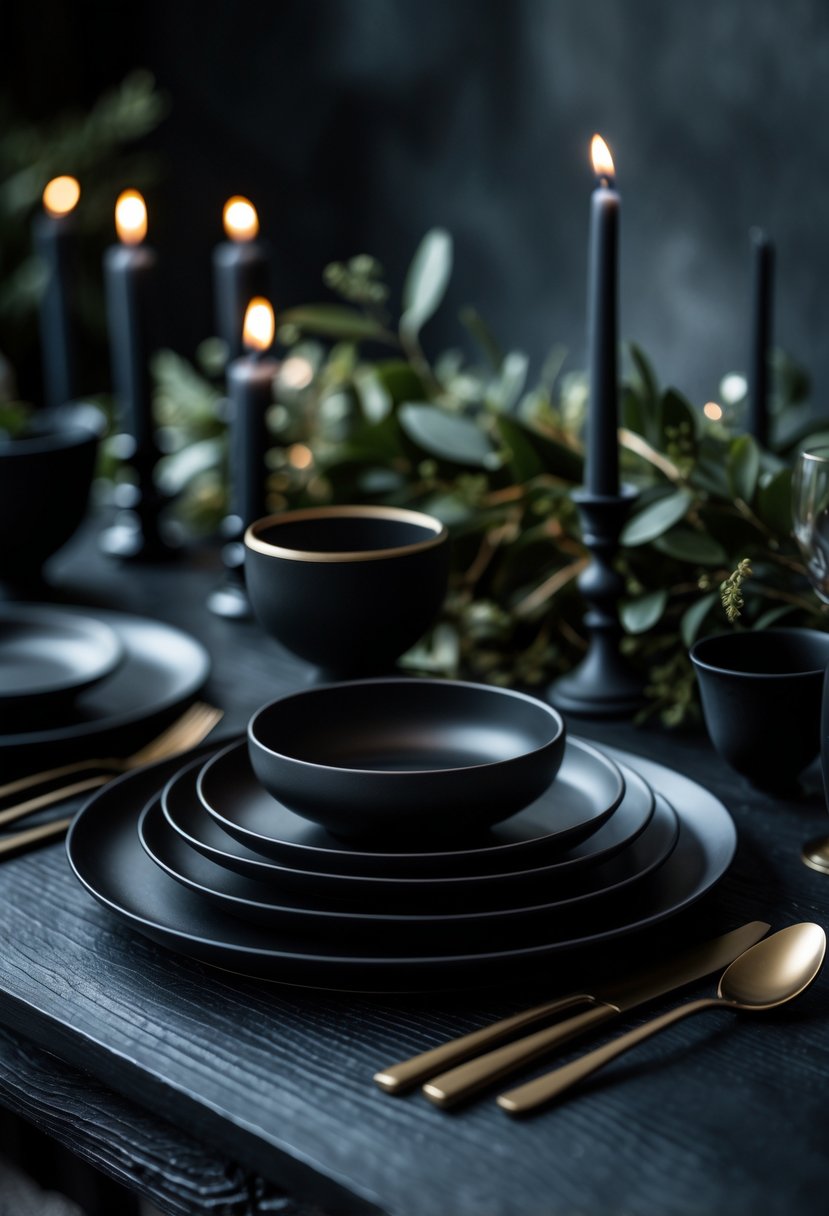A table set with matte black ceramic dinnerware, dark green foliage, candles, and cutlery creating an intimate wedding decor scene.