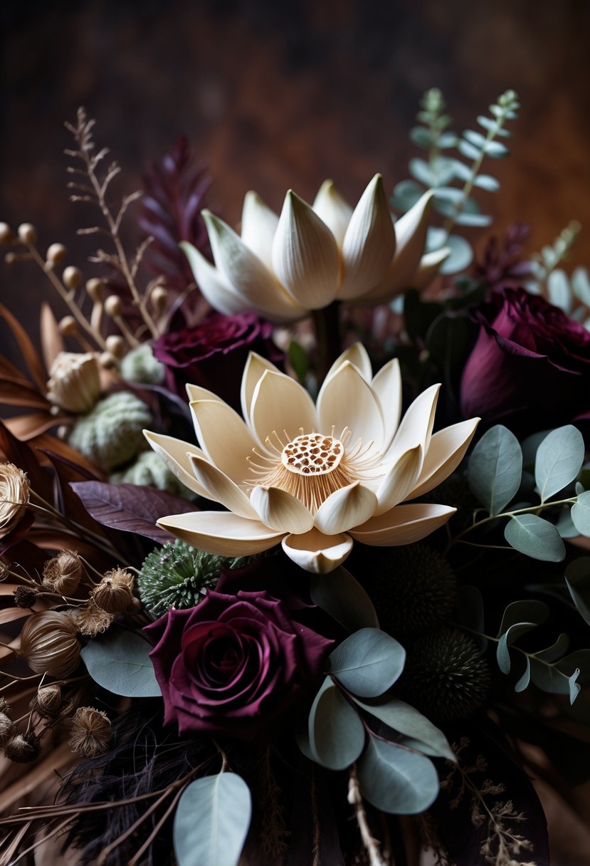 Close-up of dried lotus pods arranged with dark red flowers and greenery in a moody wedding floral centerpiece.