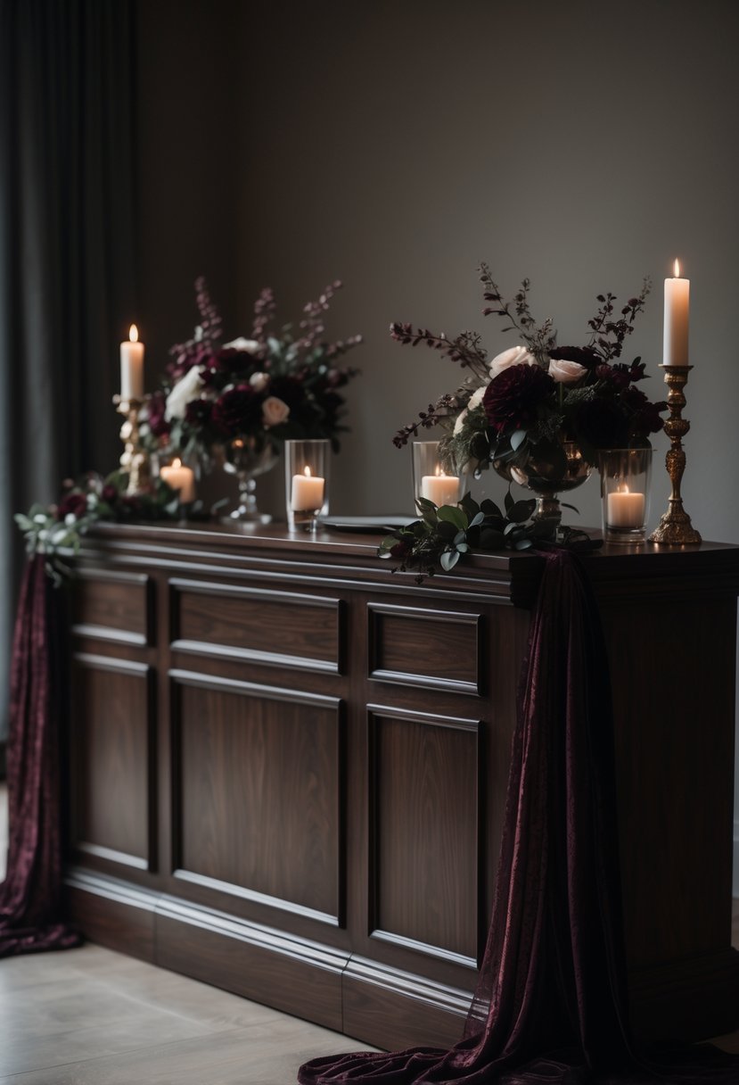 A dark wood reception desk decorated with flowers, candles, and fabric in a wedding setting.