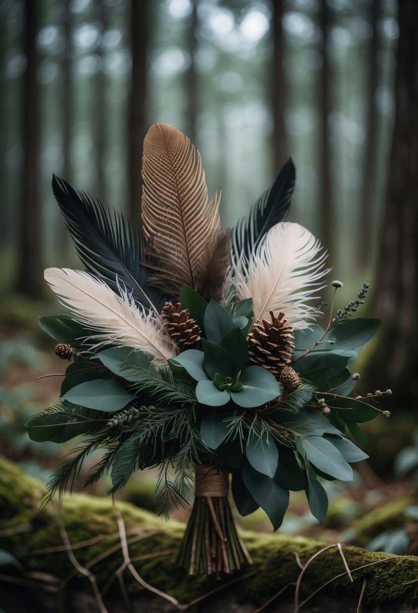 A bouquet made of feathers and green foliage set against a blurred forest background.