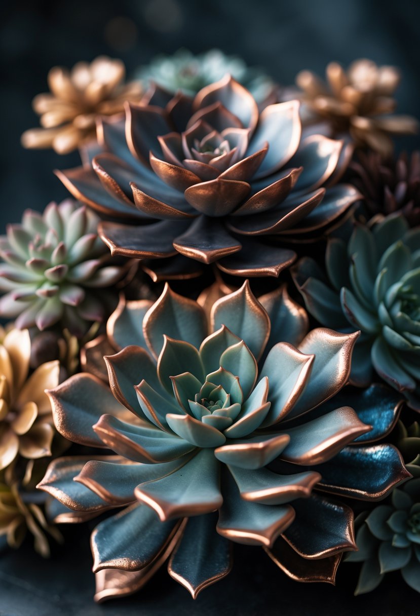 Close-up of metallic-painted succulents in deep bronze, copper, and gold tones against a dark background.
