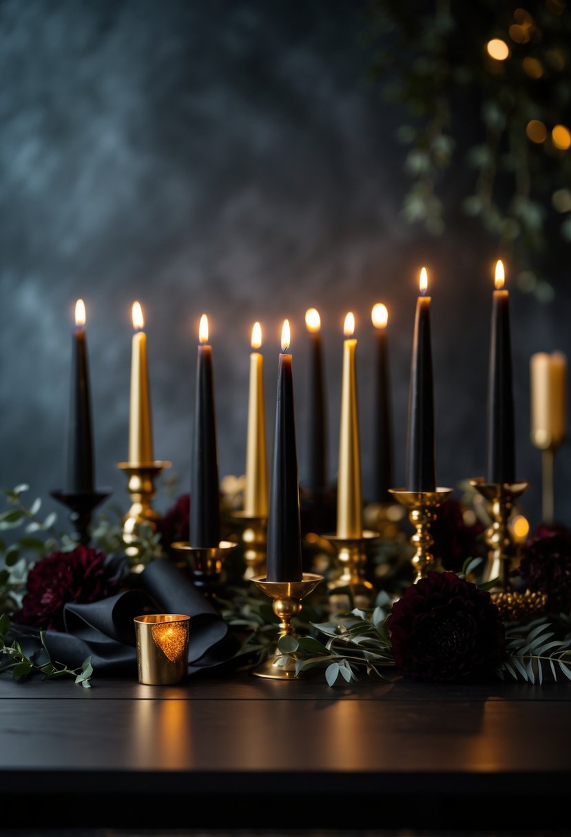 Lit black and gold tapered candles arranged on a dark table with flowers and greenery around them.