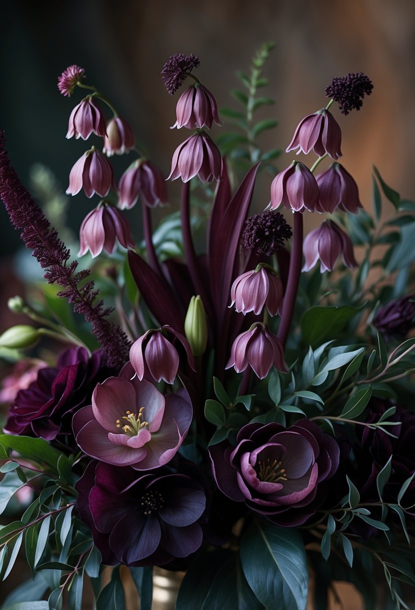 A bouquet of deep-toned Fritillaria flowers with dark green foliage arranged for a wedding.