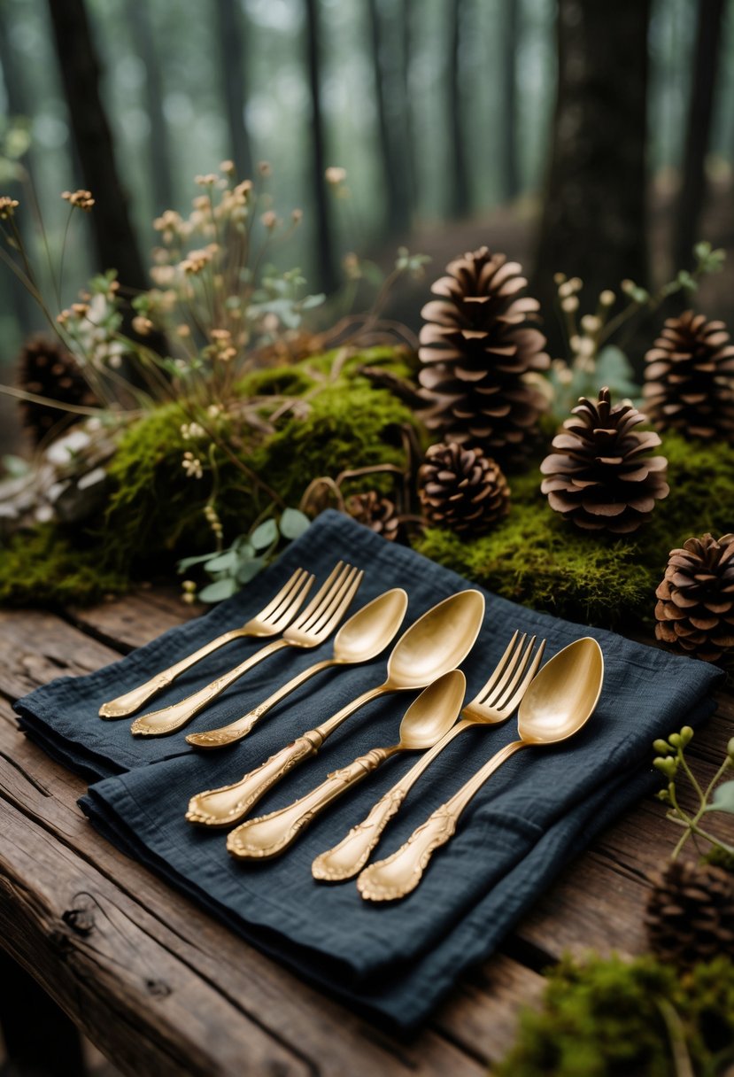 Antique gold flatware arranged on a rustic wooden table surrounded by moss, pinecones, and wildflowers in a forest setting.