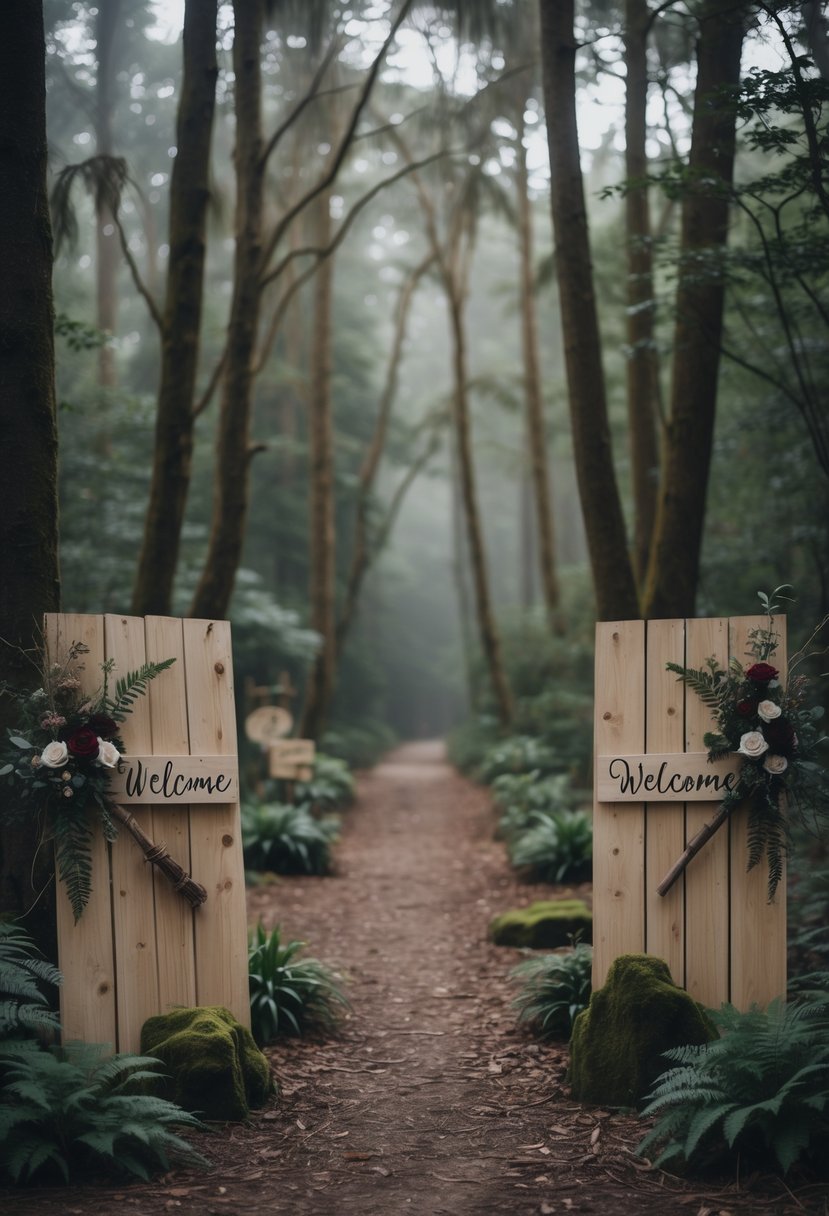 A forest scene with rustic wooden welcome signs surrounded by greenery and flowers along a forest path.