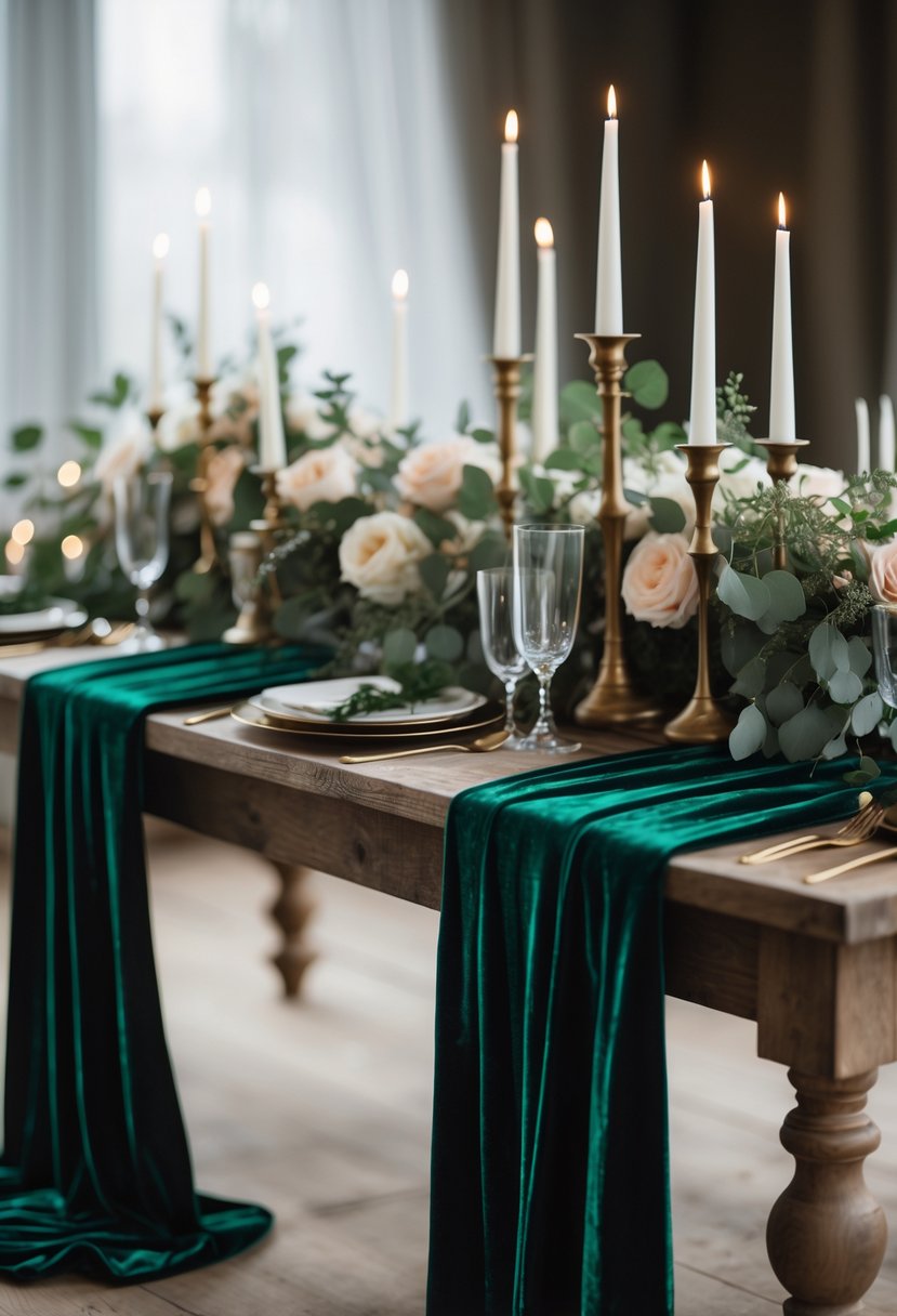A wedding table with deep green velvet runners, white flowers, candles, and greenery arranged on a wooden surface.