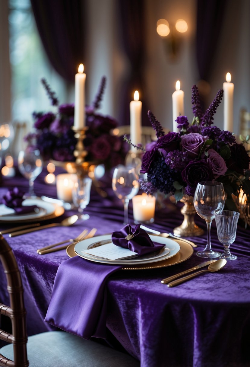 A wedding table set with deep purple velvet tablecloths, purple floral arrangements, candles, and gold-accented tableware.