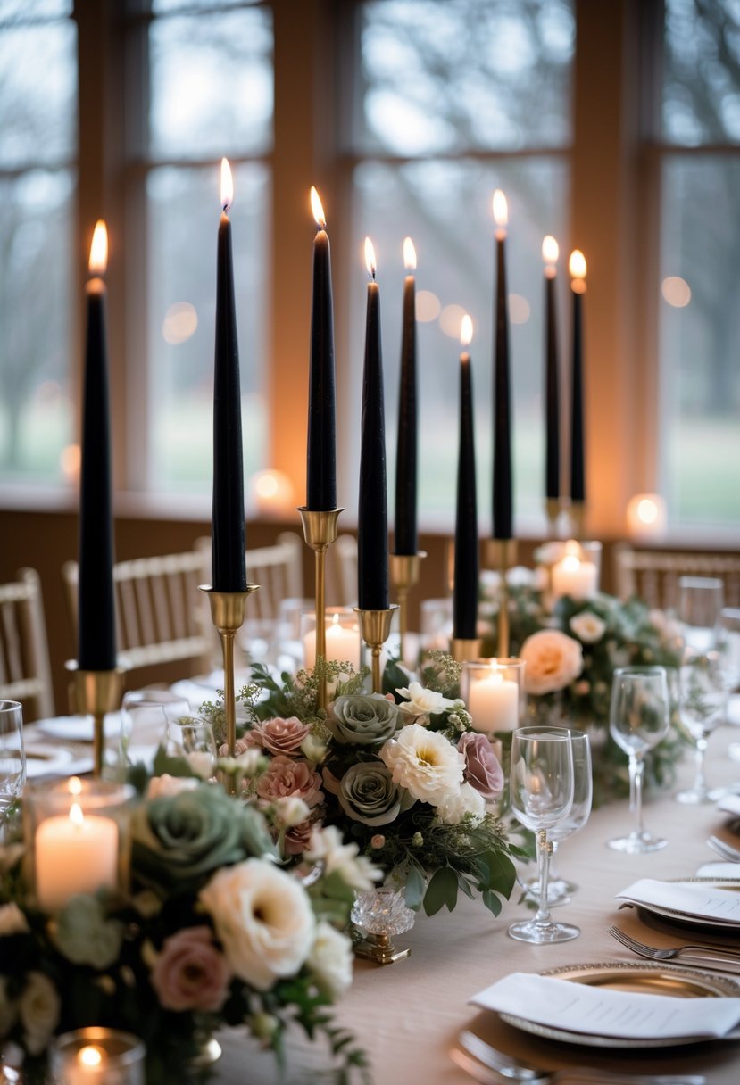 A wedding table with black taper candles in centerpieces surrounded by spring flowers and glassware, softly lit by candlelight.