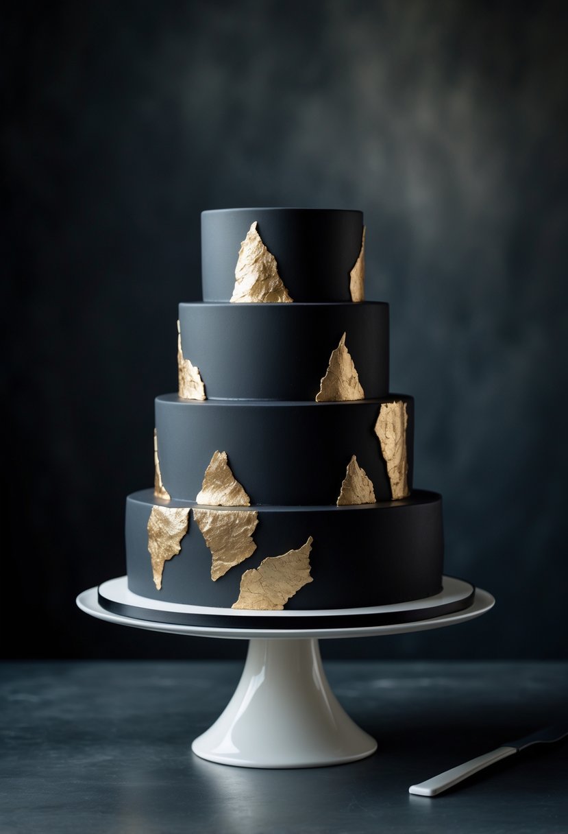 A four-tier wedding cake with a matte black finish and gold leaf accents on a white stand against a dark background.