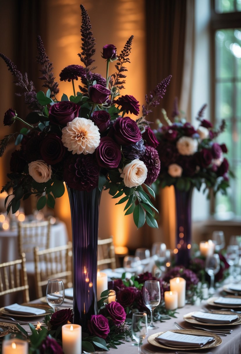 Tall floral centerpieces with purple roses, dahlias, and ranunculus on a wedding table with soft lighting.