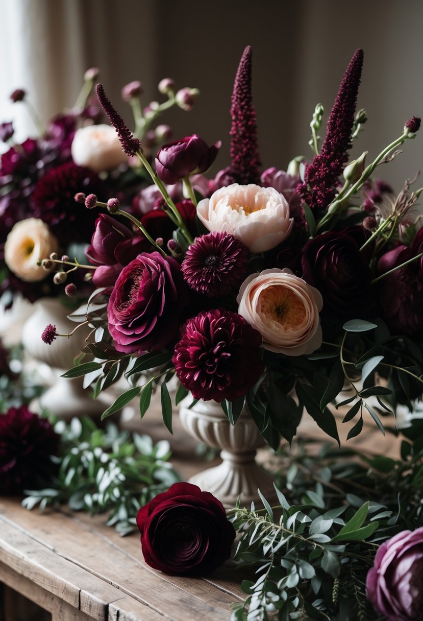 A close-up of rich burgundy and plum floral arrangements on a wooden table with green leaves in soft natural light.