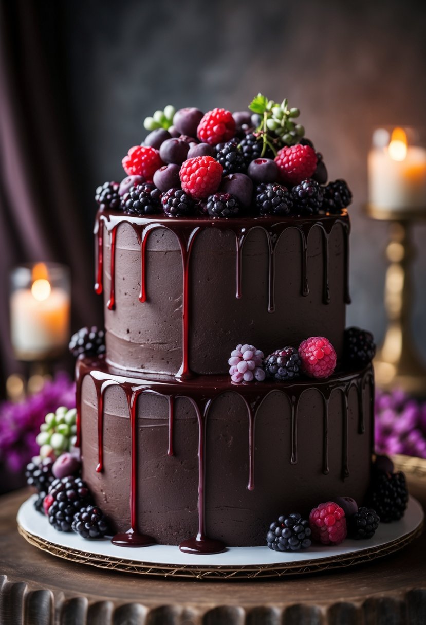 A multi-layered dark chocolate cake with berry drip and fresh berries on top, placed on a surface with a softly blurred background.