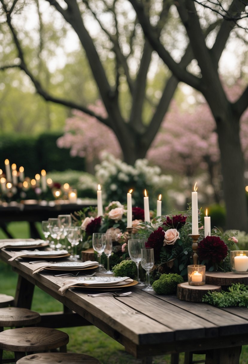 Outdoor dark wood farm tables decorated with spring flowers, candles, and greenery in a garden setting.