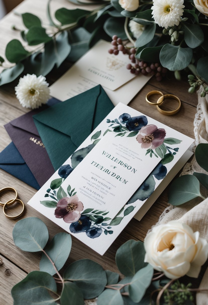 A table with elegant wedding invitations surrounded by flowers, leaves, and wedding rings.