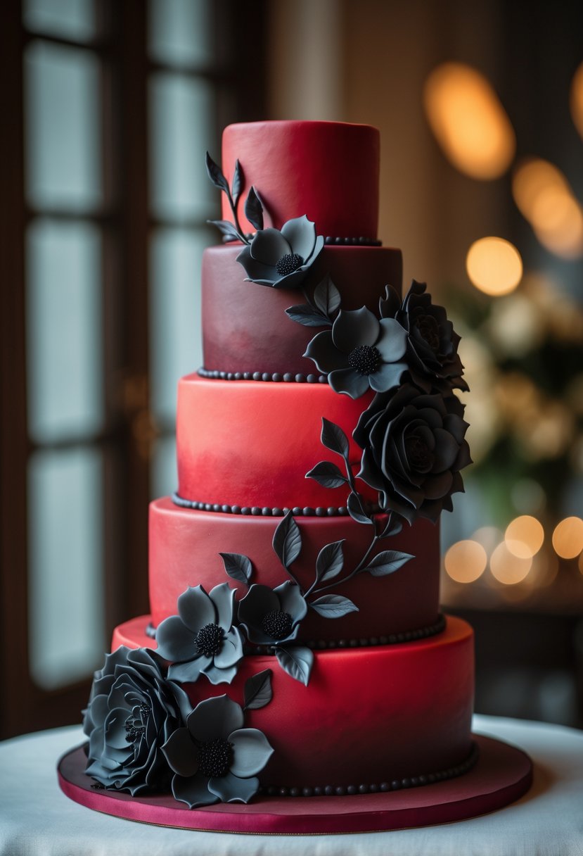 A multi-tiered deep red ombre wedding cake decorated with black sugar flowers on a plain background.