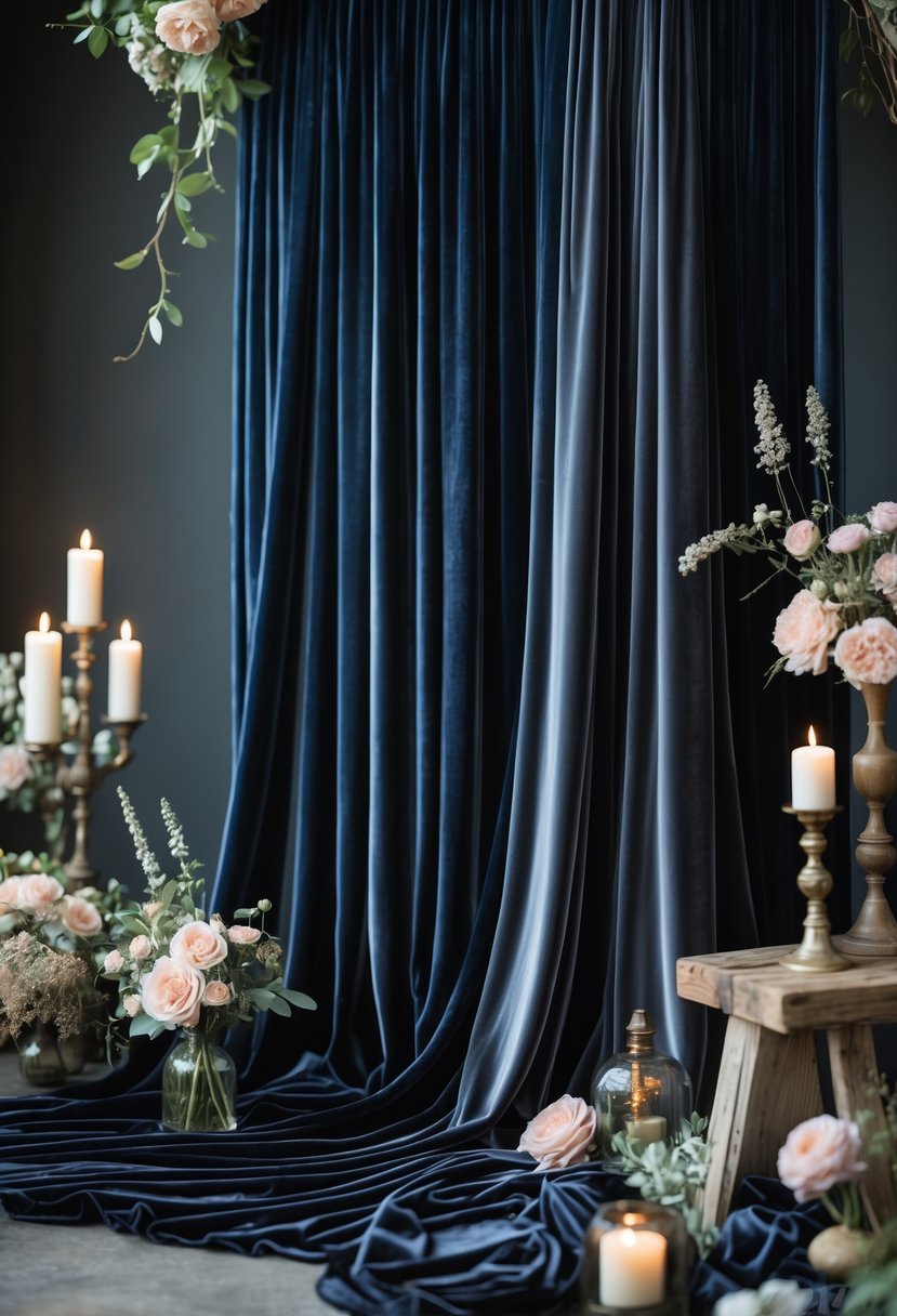 Velvet drapery in navy and charcoal gray arranged with flowers, candles, and wooden accents for a wedding setting.