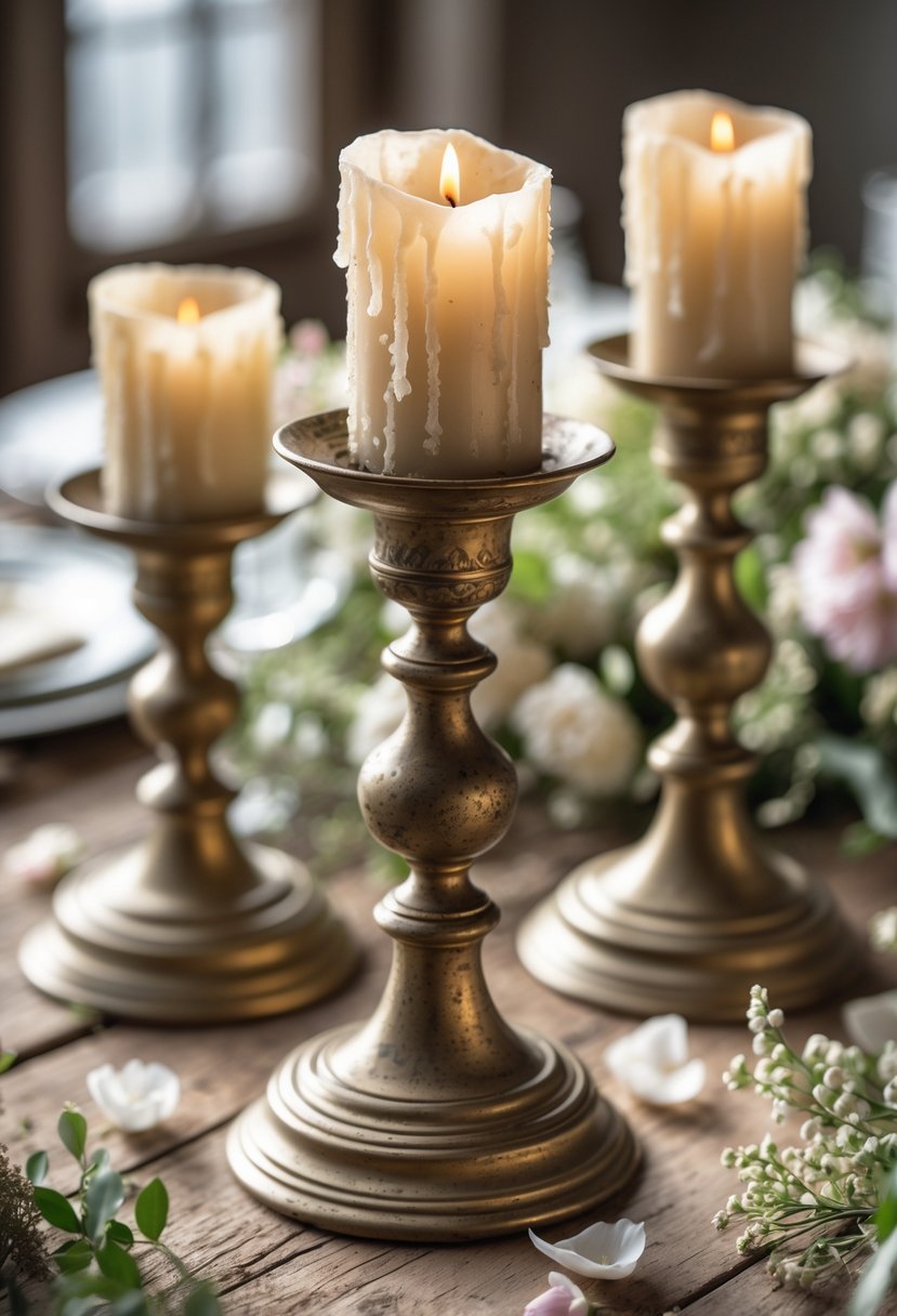 Close-up of antique brass candlesticks with candles on a wooden table surrounded by spring flowers and greenery.