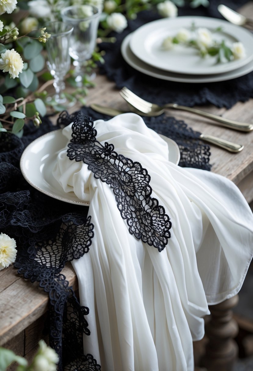 Close-up of white linens with black lace detailing arranged on a wooden table with greenery and small white flowers.