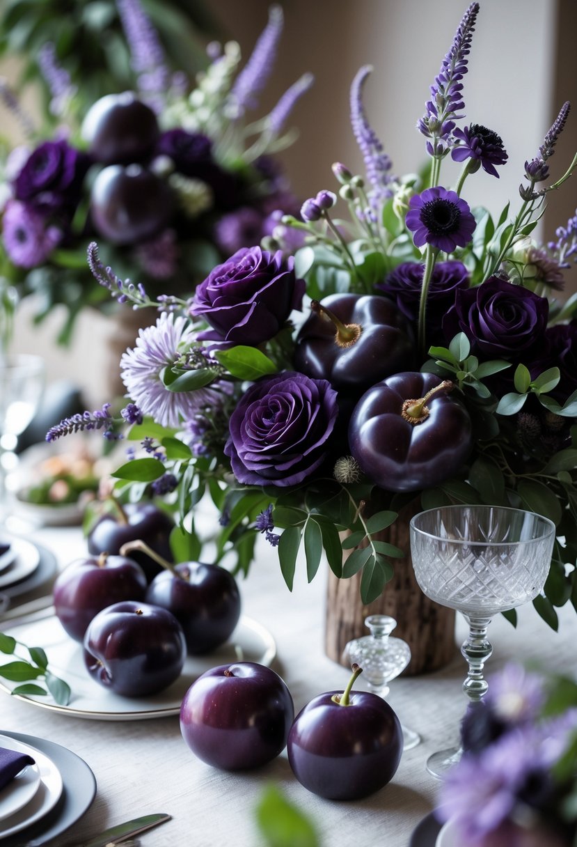 A floral arrangement featuring deep purple flowers, plums, and eggplants displayed with greenery in a wedding decor setting.