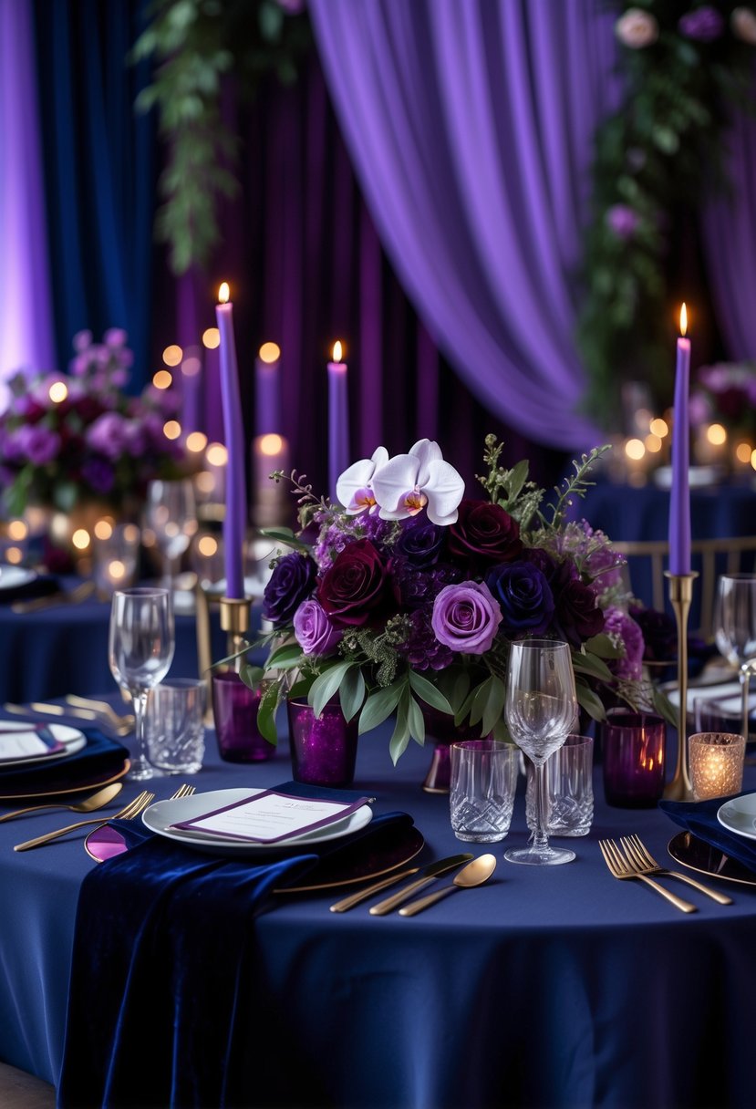 A wedding table decorated with navy tablecloth, burgundy flowers, purple candles, and elegant glassware.