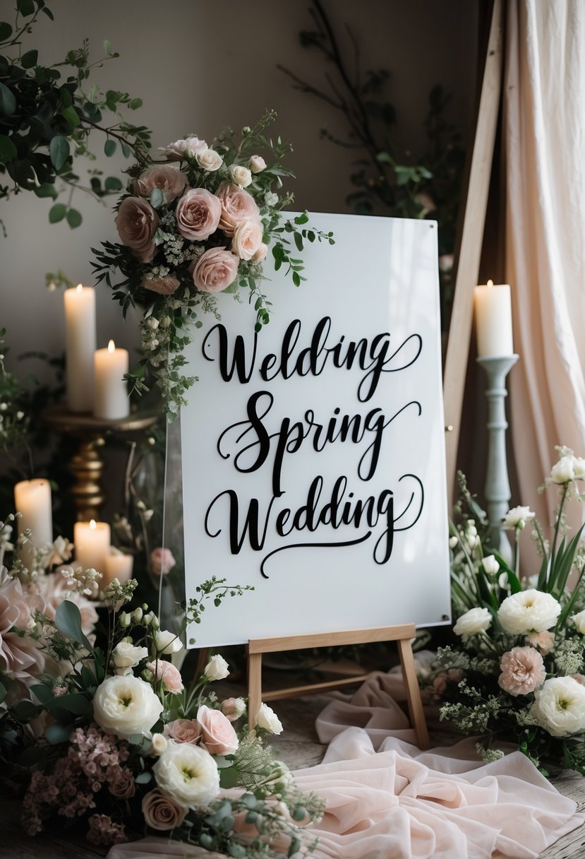 A wedding decor scene featuring elegant black calligraphy on decorative signs surrounded by spring flowers and greenery.