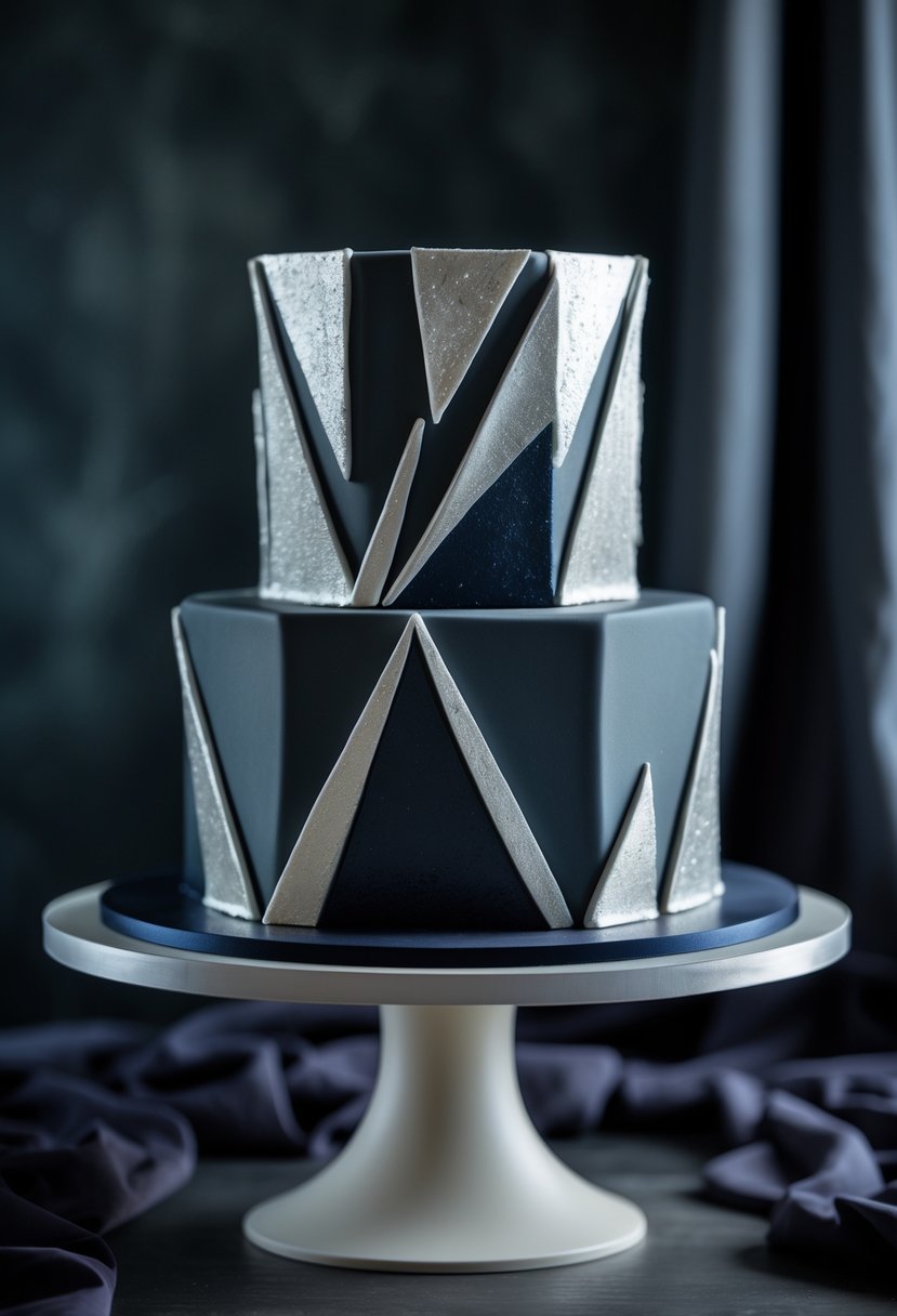 A multi-tiered wedding cake with geometric shapes and metallic silver accents on a dark background.
