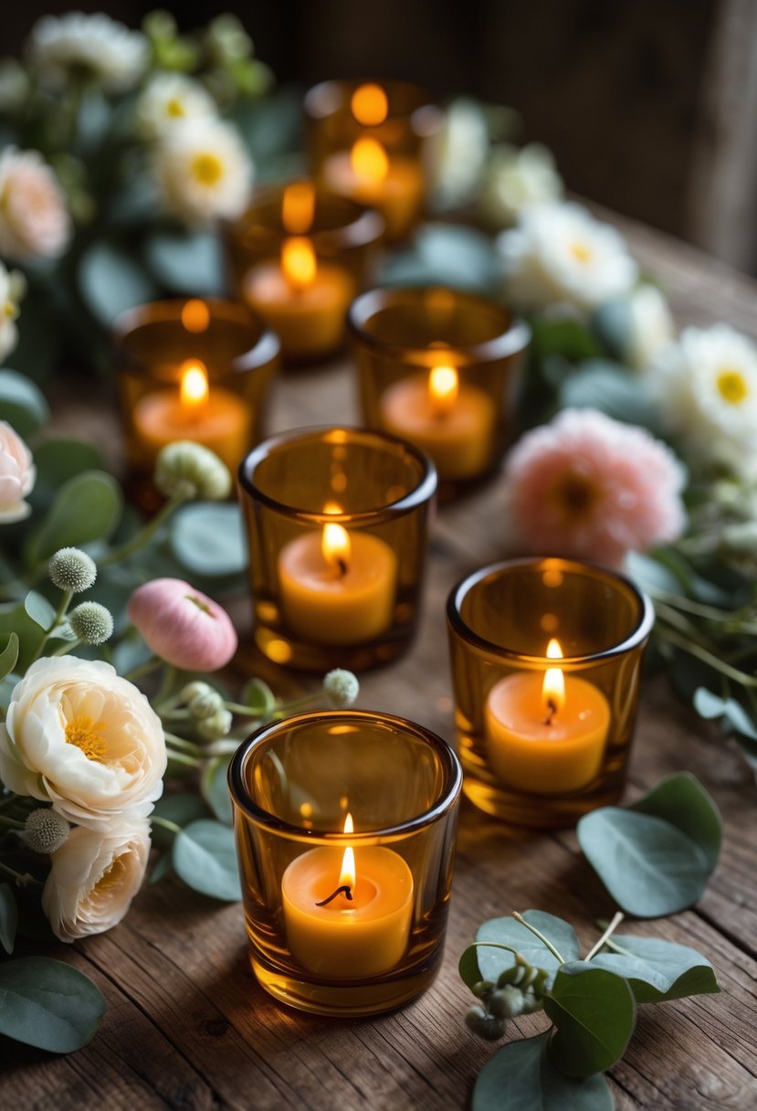 Amber glass votive candle holders with lit candles surrounded by spring flowers on a wooden table.