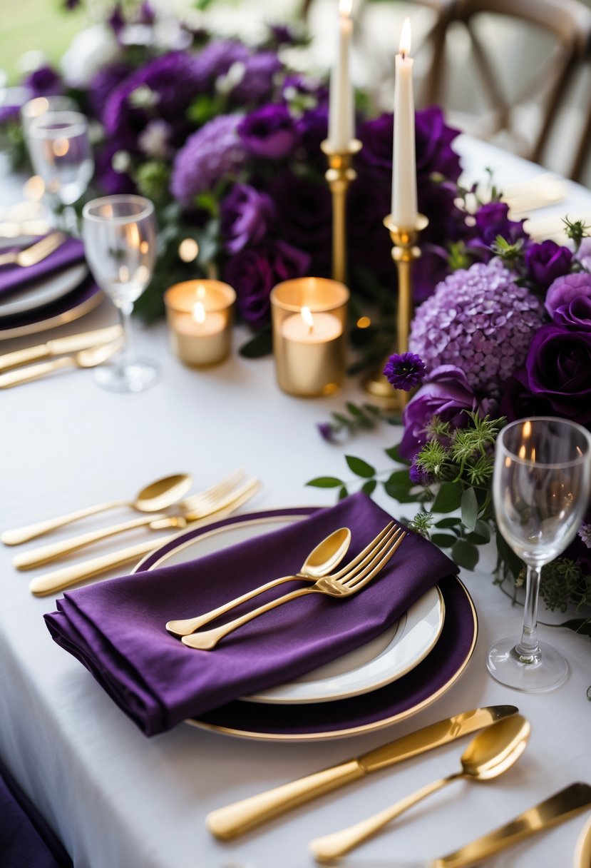 A wedding table set with gold flatware and moody purple floral decorations.