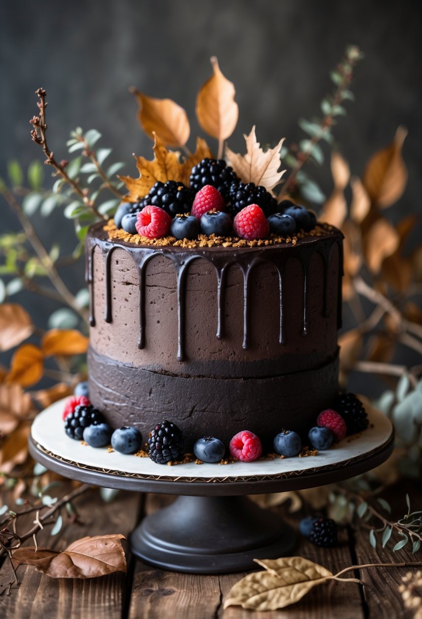 A dark fall wedding cake decorated with fresh berries and autumn leaves on a wooden table.