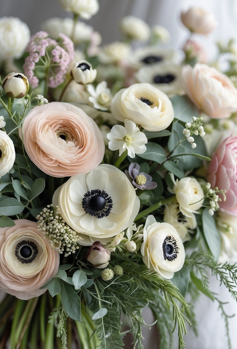 A close-up of mixed floral bouquets with ranunculus and anemones in soft spring colors.