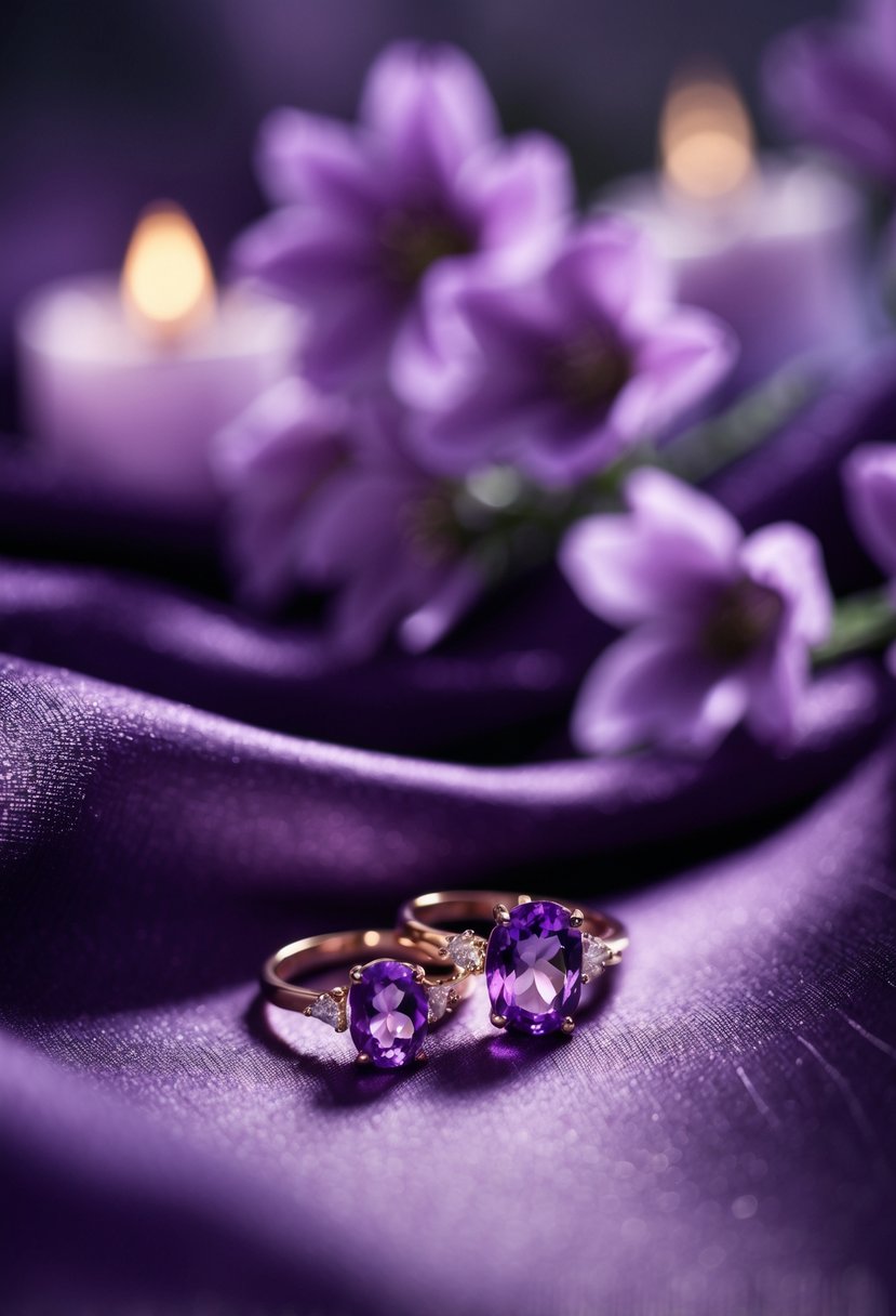Close-up of amethyst bridal jewelry resting on purple fabric with blurred purple flowers and soft candlelight in the background.