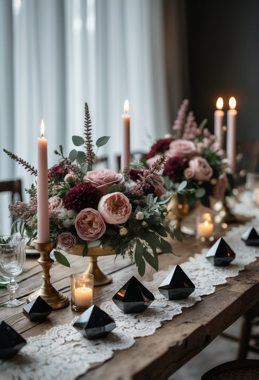 A wedding table decorated with smoky quartz and obsidian stones, flowers, candles, and greenery.