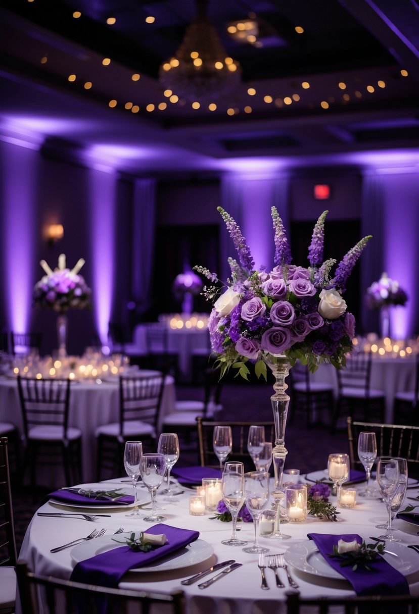 A wedding reception area with tables decorated with purple floral centerpieces and purple uplighting creating a romantic atmosphere.
