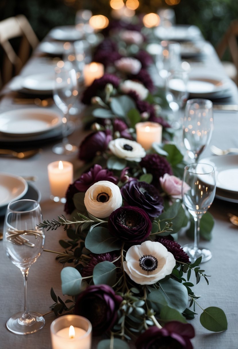 A close-up of dark-colored floral garlands arranged on a wedding table with candles and minimalist tableware.
