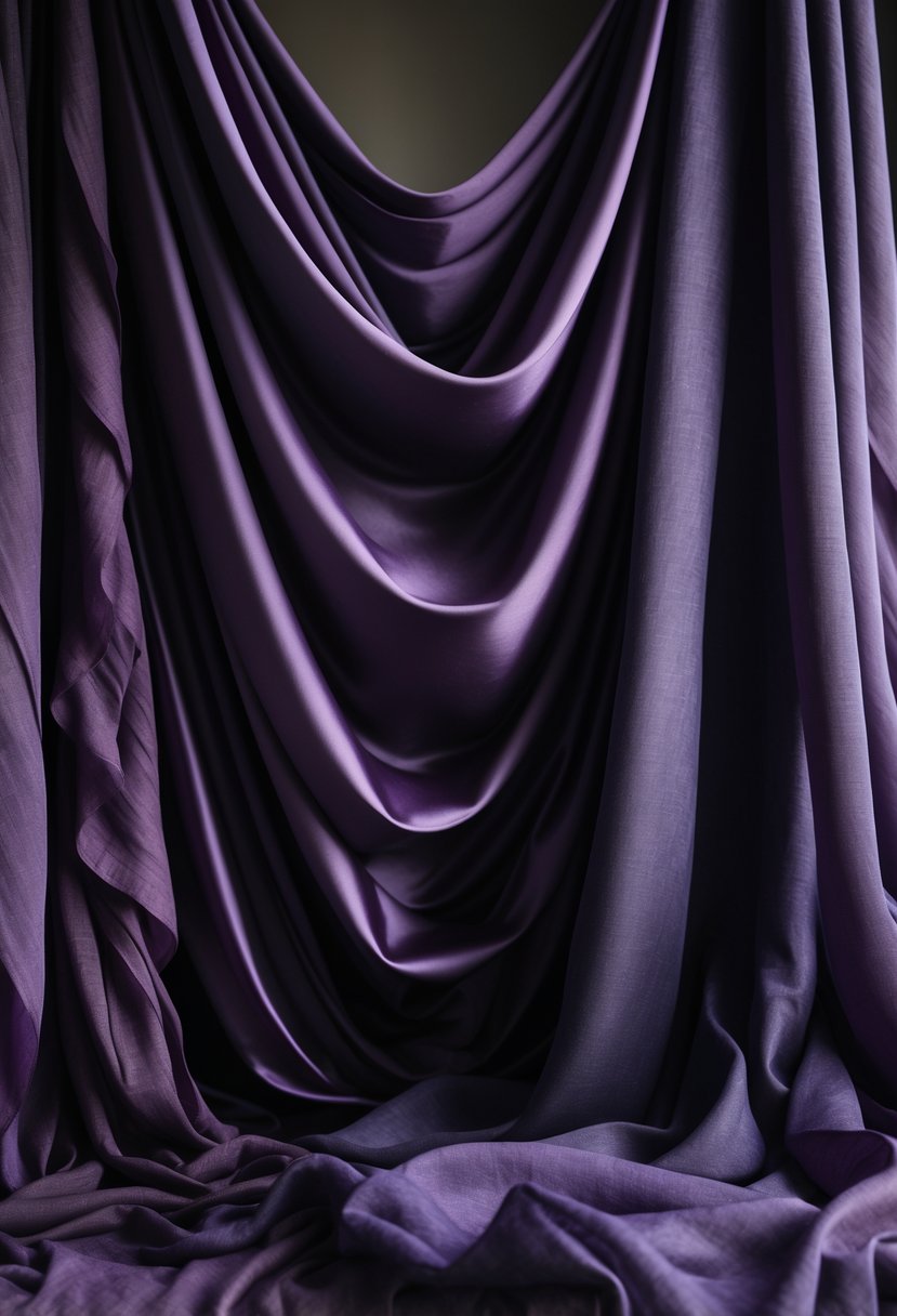 Close-up of dark purple fabric draped with soft folds and rich texture.