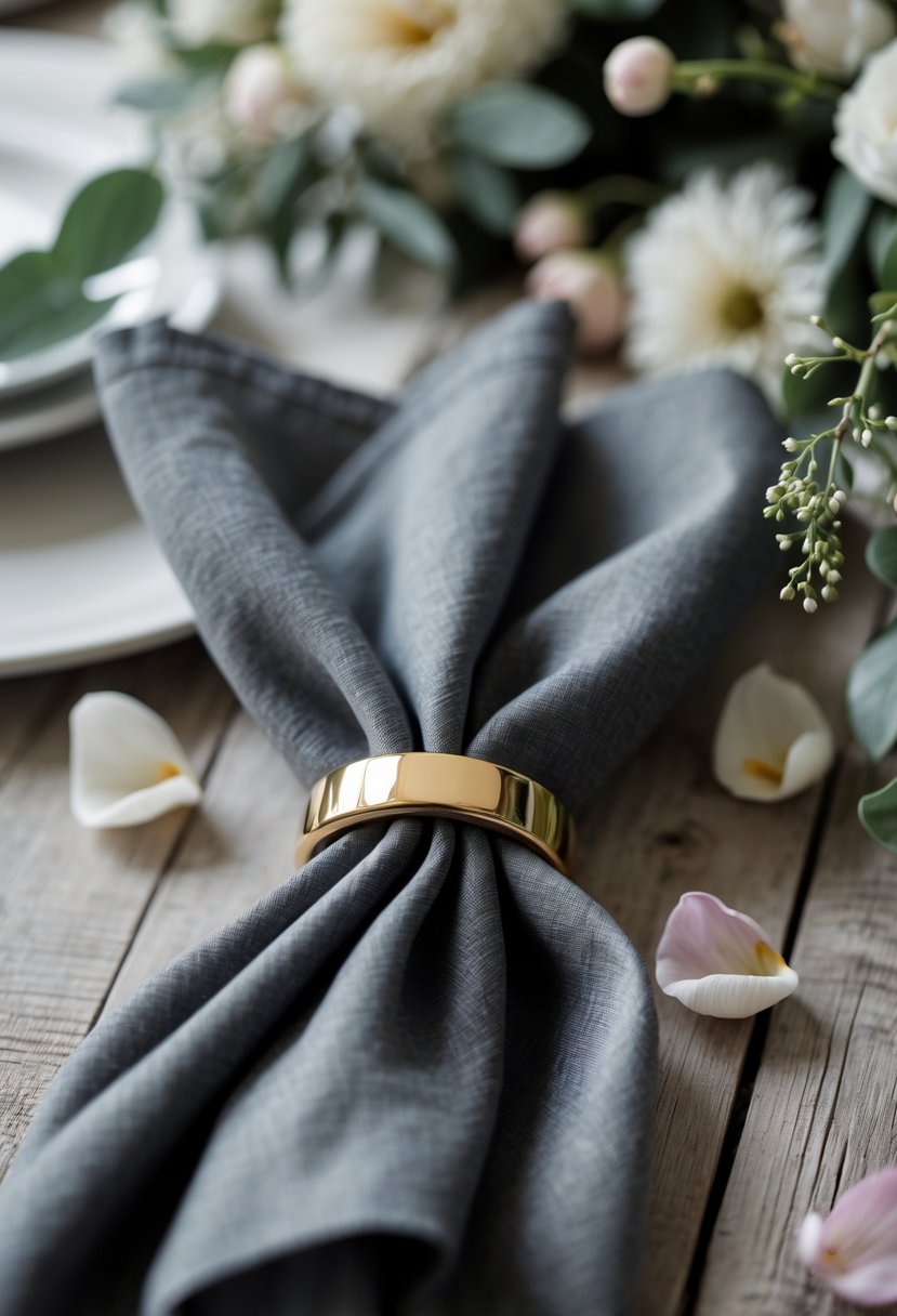 Close-up of charcoal gray napkins with gold rings on a wooden table surrounded by spring wedding flowers and greenery.
