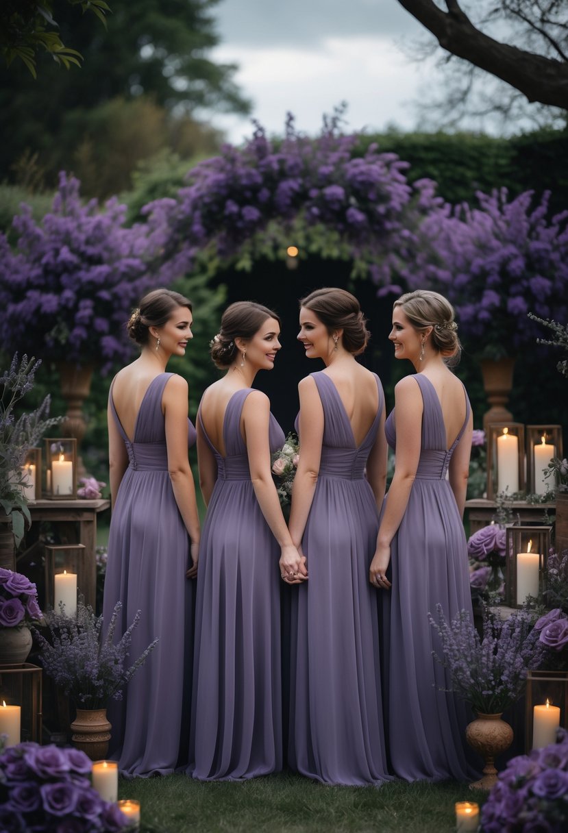 A group of bridesmaids in dusty purple dresses standing together outdoors surrounded by purple flowers and wedding decorations.