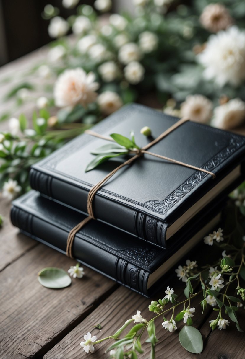 Close-up of black leather-bound vow books on a wooden table surrounded by spring wedding flowers and greenery.