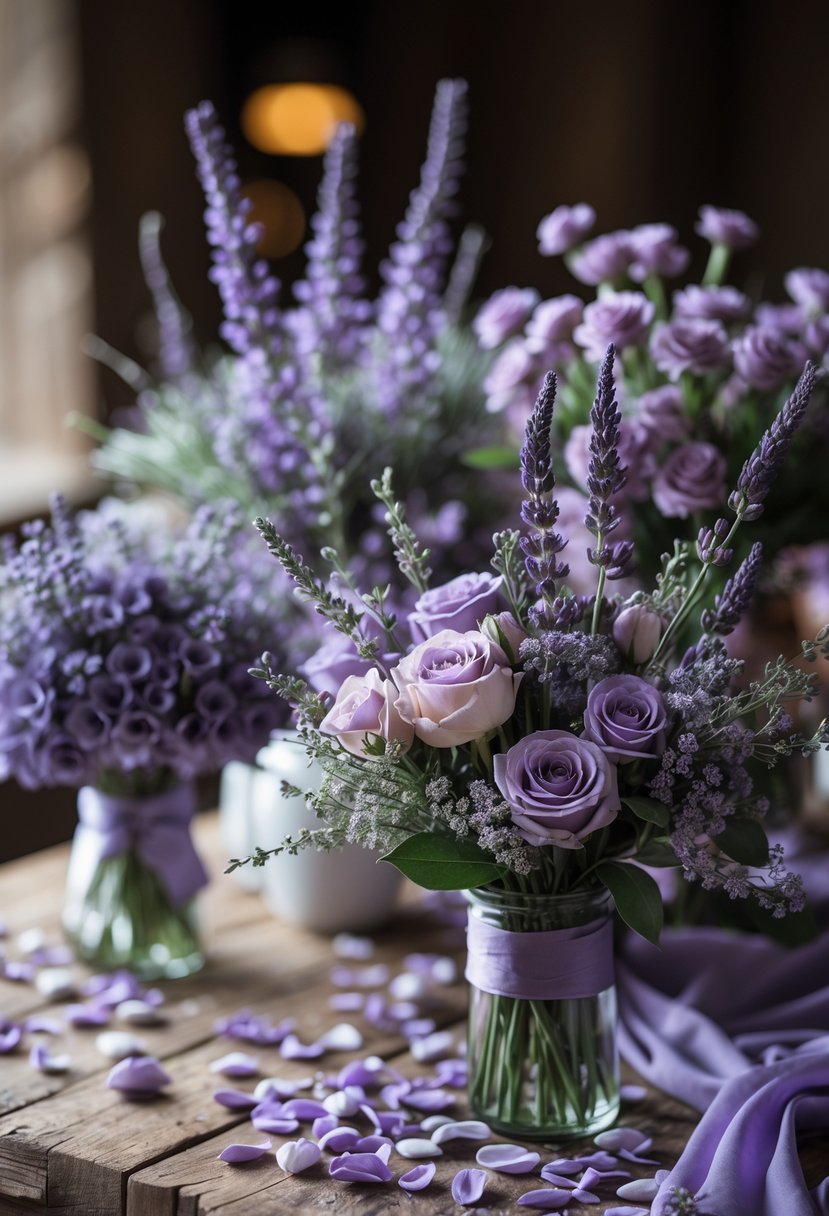 A table with lavender and soft purple flower bouquets arranged in vases with scattered petals.