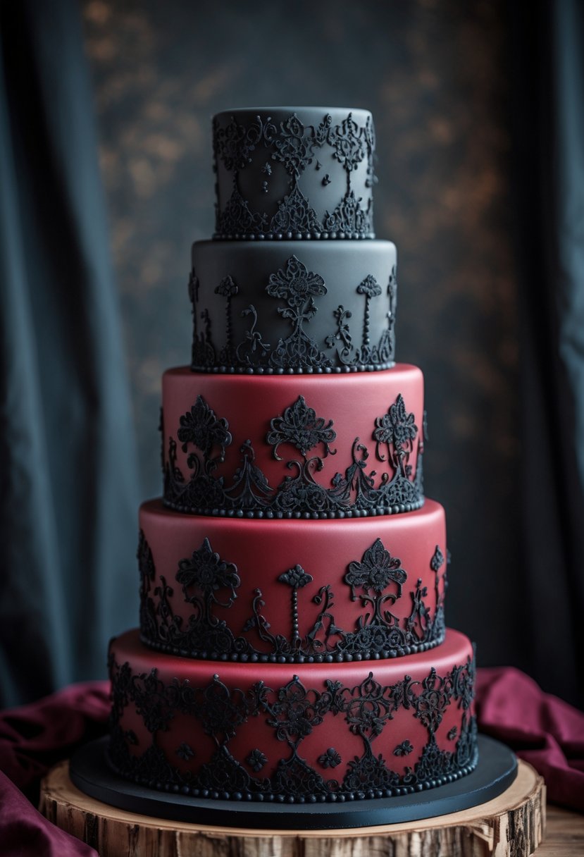 A multi-tiered black and red wedding cake decorated with intricate lace patterns on each layer.
